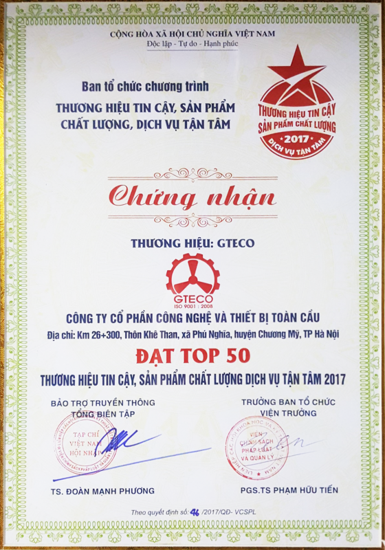 Quạt công nghiệp Toàn Cầu GTECO 1 Chứng nhận top 50 thương hiệu của Quạt công nghiệp toàn cầu GTECO